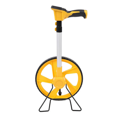 Built Tough Digital Measuring Wheel With Backlit Display Telescopic Handle adjusts from 23 to 40 inches with a yellow wheel.
