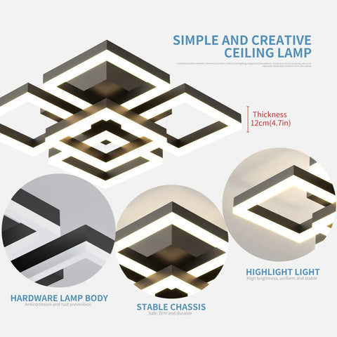 64W Dimmable Black 5 Square LED Ceiling Light With Remote Control Flush Mount Chandelier, showing geometric acrylic design.