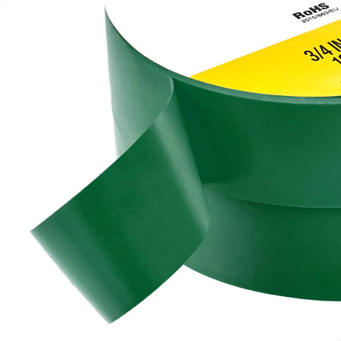 Green Vinyl Electrical Tape Three Quarters Inch By Sixty Feet 0.007 Inch Thick Ten Pack For Wire Repairs And Cable Bundling Sealing And Reinforcement Flexible PVC With Rubber Adhesive 600V Rated 80C CSA And UL Listed close-up