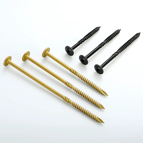 Built Like A Tank Heavy Duty Lag Screws 14 X 4 Inch Pack Of 28 with gold and black finishes, ideal for outdoor projects.