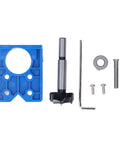 Blue ABS hinge hole-saw drilling guide jig with 35mm bit and mounting hardware (front view)