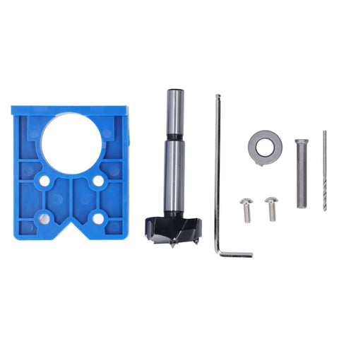 Blue ABS hinge hole-saw drilling guide jig with 35mm bit and mounting hardware (front view)