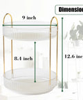 Rotating Makeup Organizer 2 Tier Lazy Susan Trays with dimensions, clear storage for vanity, skincare, 360 degree spin, space-saving