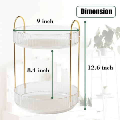 Rotating Makeup Organizer 2 Tier Lazy Susan Trays with dimensions, clear storage for vanity, skincare, 360 degree spin, space-saving