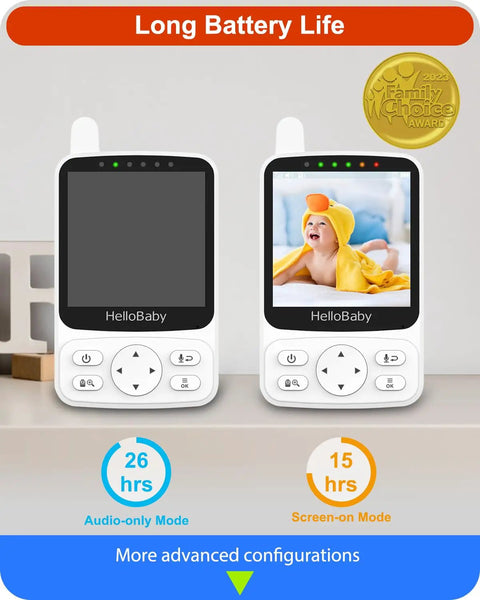 No WiFi Baby Monitor With Voice Activated Night Vision 4 Inch IPS Screen 2 Way Talk PTZ Remote showing battery life modes