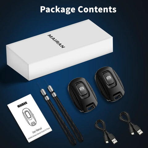 Box and contents of 2 Pack Rechargeable Wireless Camera Remote Shutter for iPhone and Android Phones, Bluetooth 5.2 Remote, wrist straps, cables, manual.