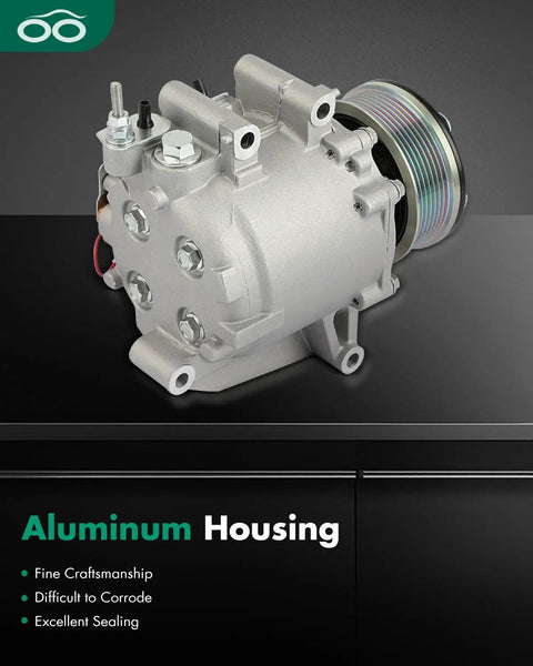 Rock Solid AC Compressor For Honda Civic One Point Eight Liter Engine Years Two Thousand Six Through Two Thousand Eleven angled view showcasing aluminum housing design.