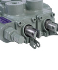 Close-up of a heavy duty hydraulic valve 25 GPM for construction, agriculture, and industrial use, featuring 2-spool design and 3000 PSI capacity.