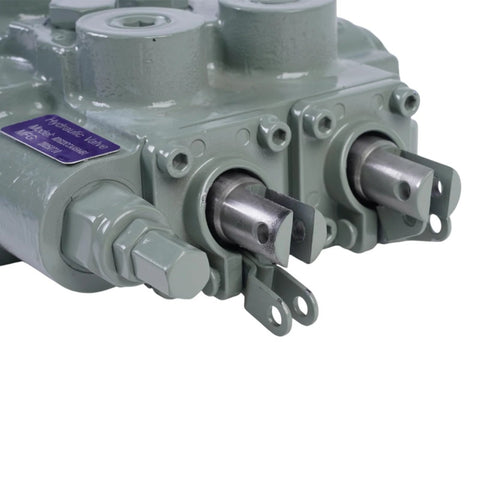 Close-up of a heavy duty hydraulic valve 25 GPM for construction, agriculture, and industrial use, featuring 2-spool design and 3000 PSI capacity.