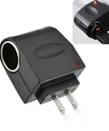 Plug And Play AC DC Car Cigarette Lighter Adapter Converter, close-up of black charger with red light and prongs.