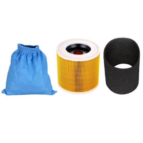Premium HePa Filter And Textile Dust Bag 6 Pack For Vacuum Cleaners, featuring a blue dust bag, HEPA filter, and foam cylinder.
