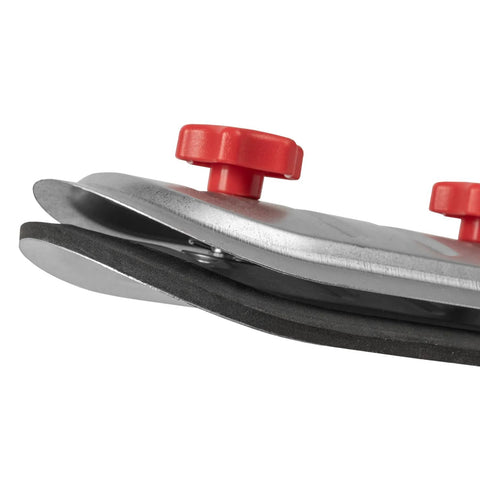 6-inch round duct access door with red tightening knobs and rubber gasket, metal body side view