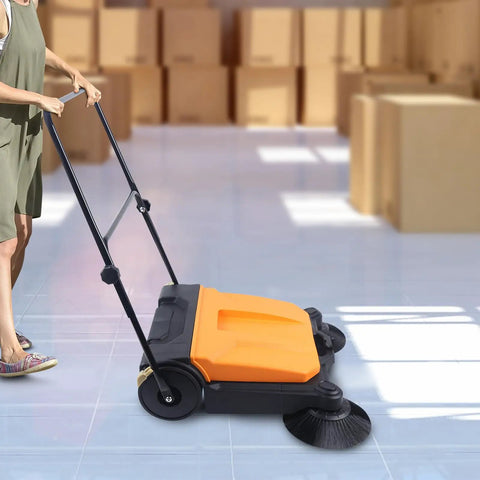 Deturprostore Walk Behind Floor Sweeper 27 Inch Wide Manual Push Broom Clean Up Garage Patio Deck With Big Dustpan. Foldable Handle Adjustable Height For Indoor Warehouse Outdoor Use No Electricity Needed Super Easy To Store