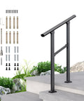 7 Step Outdoor Handrail Built From Galvanized Carbon Steel With Double Layer Protection Powder Coated Black Iron Stair Railing shown with installation accessories on concrete steps.