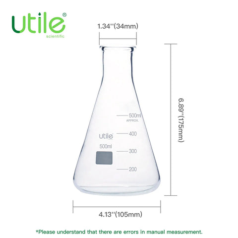 500 Milliliter Narrow Mouth Borosilicate Glass Grade 3 Point 3 Erlenmeyer Flask Set Six Pack Conical Lab Flasks With Printed Graduation For Lab Use Heavy Duty Glassware, 500 mL flask dimensions shown