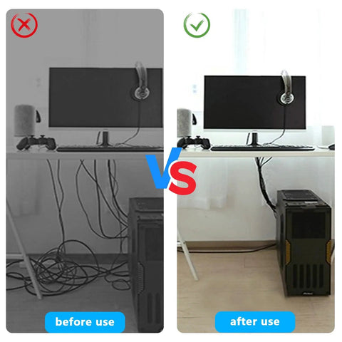 Before and after using 600 Piece Industrial Grade Zip Ties Set Assorted Sizes UL94V2 Certified to organize cables.