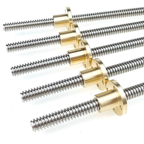 T16 Trapezoidal Lead Screw With Copper Nut And 304 Stainless Rod For 3D Printer Replacement 16mm Diameter 4mm Pitch 10mm Lead Durable Workhorse Wear Resistant Available In 100mm To 1000mm Lengths, shown with copper nuts