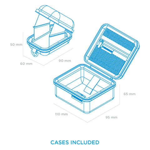 Cases included for Pro Grade Air Integrated Dive Computer With Dual Tank Transmitters, Tern TX Model, showing dimensions.