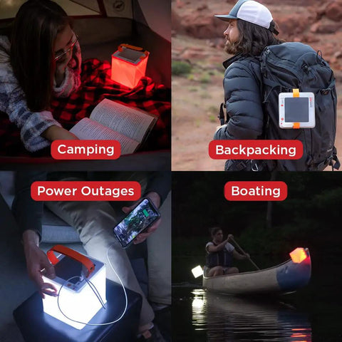2 In 1 Solar Camping Lantern And Phone Charger With 300 Lumens Of Bright LED Light, Red Night Mode, in use during various activities