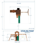 Top and front view of Cedar Wood Swing Set With Wave Slide And Raised Clubhouse Plus Balcony, Wooden Bridge, Rock Wall, Belt And Web Swings, Trapeze, Climbing Wall, Ladder And Outdoor Playset For Kids.
