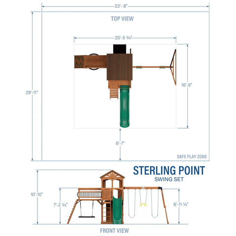 Top and front view of Cedar Wood Swing Set With Wave Slide And Raised Clubhouse Plus Balcony, Wooden Bridge, Rock Wall, Belt And Web Swings, Trapeze, Climbing Wall, Ladder And Outdoor Playset For Kids.