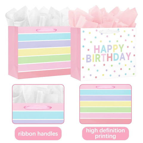 2-Pack 13 Inch Large Happy Birthday Gift Bags With Tissue Paper And Greeting Cards For Girls And Women Party Favors