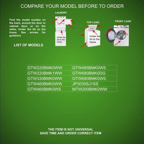 Comparison guide for Washer Lid Switch Lock Kit CKD843 MX Replacement For GE Hotpoint Heavy Duty Washers, model list visible.