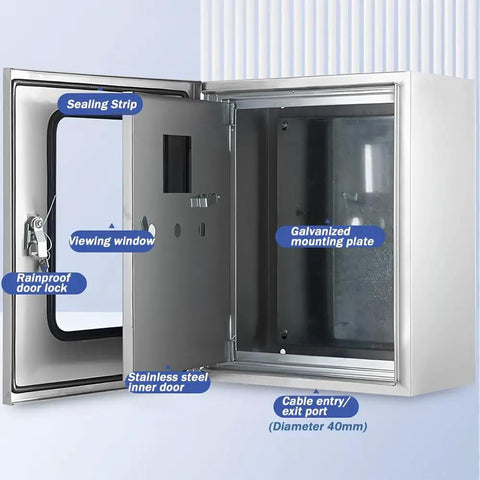 304 Stainless Steel Electrical Enclosure Junction Box With Heavy Duty Hinged Lock Indoor Outdoor Weatherproof Steel Cabinet For Secure Wiring Electrical Components And Durable Protection In Harsh Environments, open door view