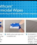 Instructions for using hospital grade germicidal bleach wipes ready to use disinfectant for industrial cleaning, showing step-by-step process.