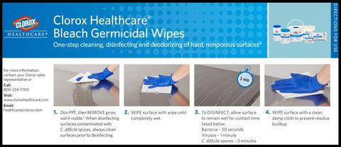 Instructions for using hospital grade germicidal bleach wipes ready to use disinfectant for industrial cleaning, showing step-by-step process.