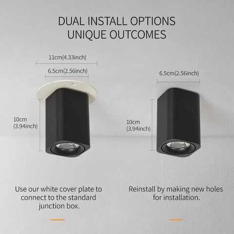 Slick Four Pack Aluminum LED Ceiling Spotlight Downlight 7W 3000K Warm White High CRI 93 Built To Last dual install options shown