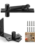 Black heavy duty pivot hinge system with screws and bookcase image, Heavy Duty Pivot Door Hinge For Hidden Doors And Bookcases.