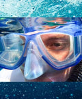 Close-up of diver wearing mask with Stick On Bifocal Magnifier Lenses For Dive Masks With Plus 1.50 Magnification, underwater view.
