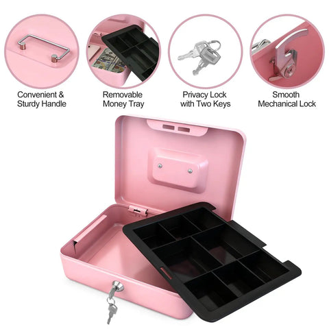 8 Inch Cash Box With Money Tray For Valuables Sturdy Heavy Duty Metal Safe Lock Box With Key Five Compartment Cash Tray And Coin Drawer Pink Medium Portable Storage