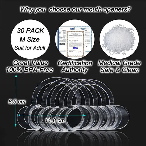 Clear 30 Pack Dental Cheek Retractors For Dentist Use Pro Grade Autoclavable Mouth Opener BPA Free C Shape Medium Size Keeps Mouth Open Hands Free For Exams Teeth Whitening At Home Care Party Game And Mouthguard Challenge. 30-pack clear C-shape medium cheek retractors with size and certification graphic