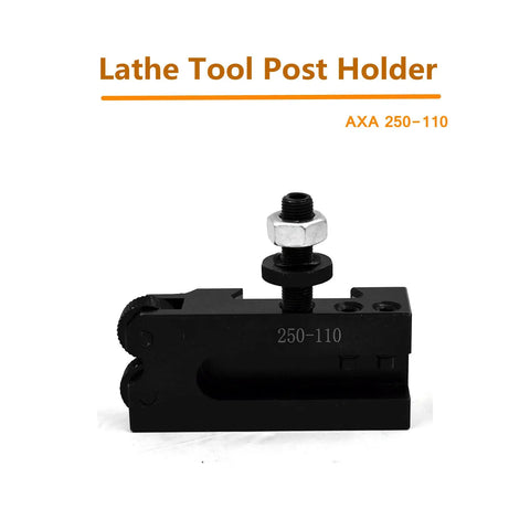 Six Piece AXA Wedge Type Quick Change Tool Post Set For Lathe 12 Inch Swing Dia Includes 250-111 250-101 250-102 250-104 250-107 250-110 Hardened Ground Steel Tool Post Holder Kit showing AXA 250-110 tool post holder with fastener