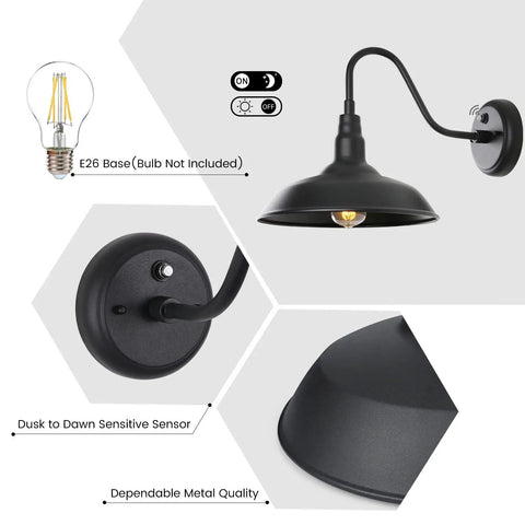 Outdoor Gooseneck Barn Light With Dusk To Dawn Sensor Matte Black Exterior Wall Mount Fixture For Porch Patio And Garage No Fuss Waterproof Farmhouse Sconce 2 Pack showing parts