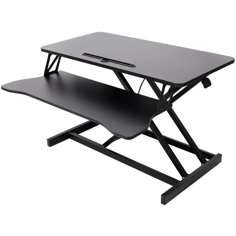 31.5 Inch Height Adjustable Standing Desk Converter Featuring Ergonomic Keyboard Tray And Monitor Riser with black finish and ample support.