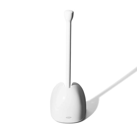 Hassle Free Toilet Plunger With Drip Proof Cover For Zero Mess And Easy Under Sink Storage Features a wide flat handle in white.