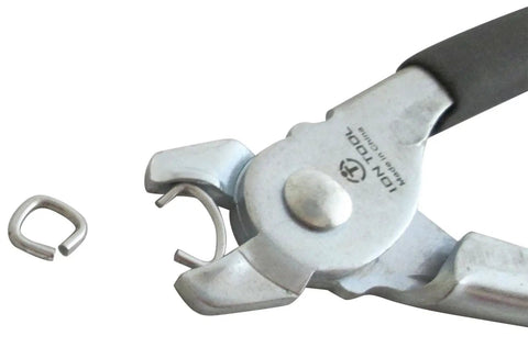Close-up view of Hog Ring Pliers Set Two Piece Straight And 45 Degree Bent With Cushioned Non Slip Grips In Steel For Upholstery And Fencing Projects.