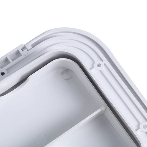 White marine-grade boat hatch lid, 24 x 9-5/8 inches, close-up of rounded rim and gasket groove.
