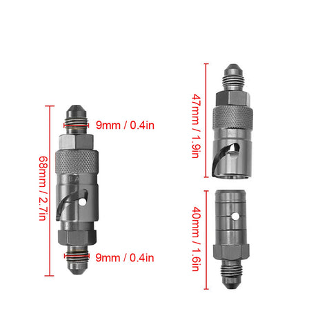 Aluminum AN3 Quick Release Brake Line Fitting with dimensions, side view and end view, leak-proof seal.