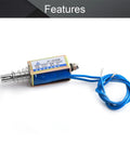 24V 0.3A 5N Push Pull Frame Solenoid Electromagnet With 10mm Stroke for Smooth Linear Motion Low Friction Plunger Spring Return JF-0530B 24V DIY Robotic Actuator for Projects, compact metal solenoid with blue wires