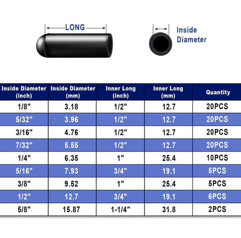 Rubber vacuum caps assortment kit, 108 pcs; size chart shows inner diameters 1/8-5/8 in, black end caps, Amazon