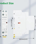 Top Shelf 25A AC Contactor 2NO 2 Pole 120V Coil DIN Rail Mount, showing product dimensions and installation details.