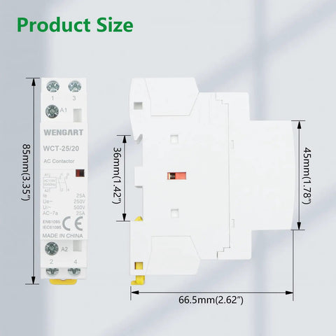 Top Shelf 25A AC Contactor 2NO 2 Pole 120V Coil DIN Rail Mount, showing product dimensions and installation details.