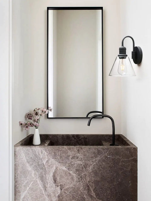 Retro Industrial Wall Sconce Light With Clear Glass Funnel Shade And Gooseneck Curve In Black Finish for bathroom display