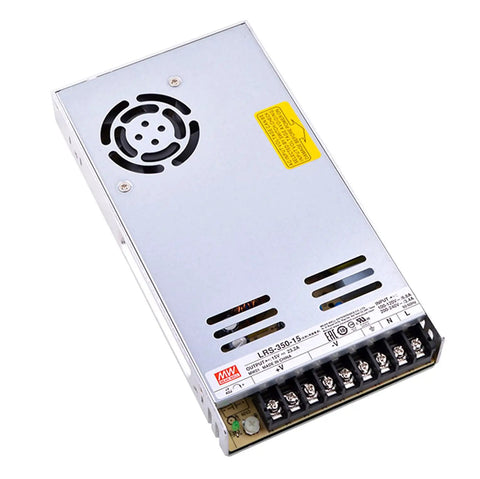 Top Shelf 350W 15V Power Supply Rock Solid 23.2A AC DC Switching Adapter side view with cooling fan and wiring terminals.