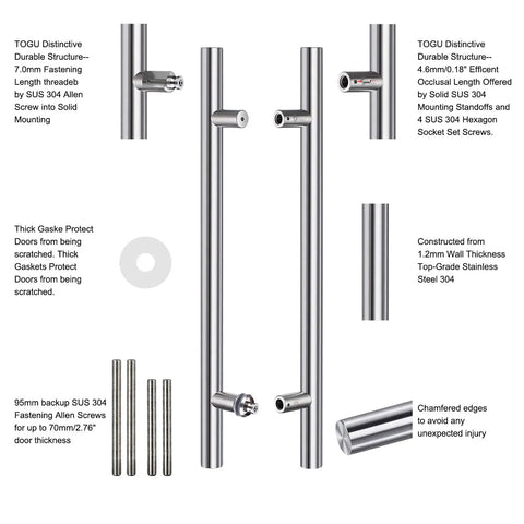 36 Inch Solid Stainless Steel Push Pull Door Handle With Heavy Duty Commercial Grade 304 Standoffs Brushed Finish For Barn Doors And Glass Doors, pair shown with screws