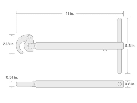 Diagram of Telescoping Basin Wrench Ten To Seventeen Inch Long Reach, Reaches One Hundred Eighty Degree Pivot, Adjustable Jaw.